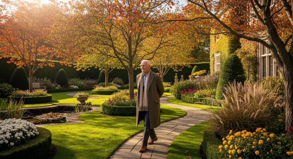 평화로운 오후의 정원과 여유로운 노신사