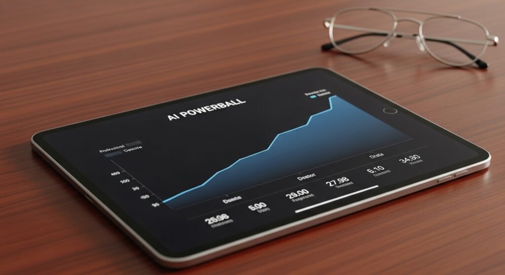 태블릿 화면에 나타난 안정적인 수익 곡선과 AI파워볼 로고